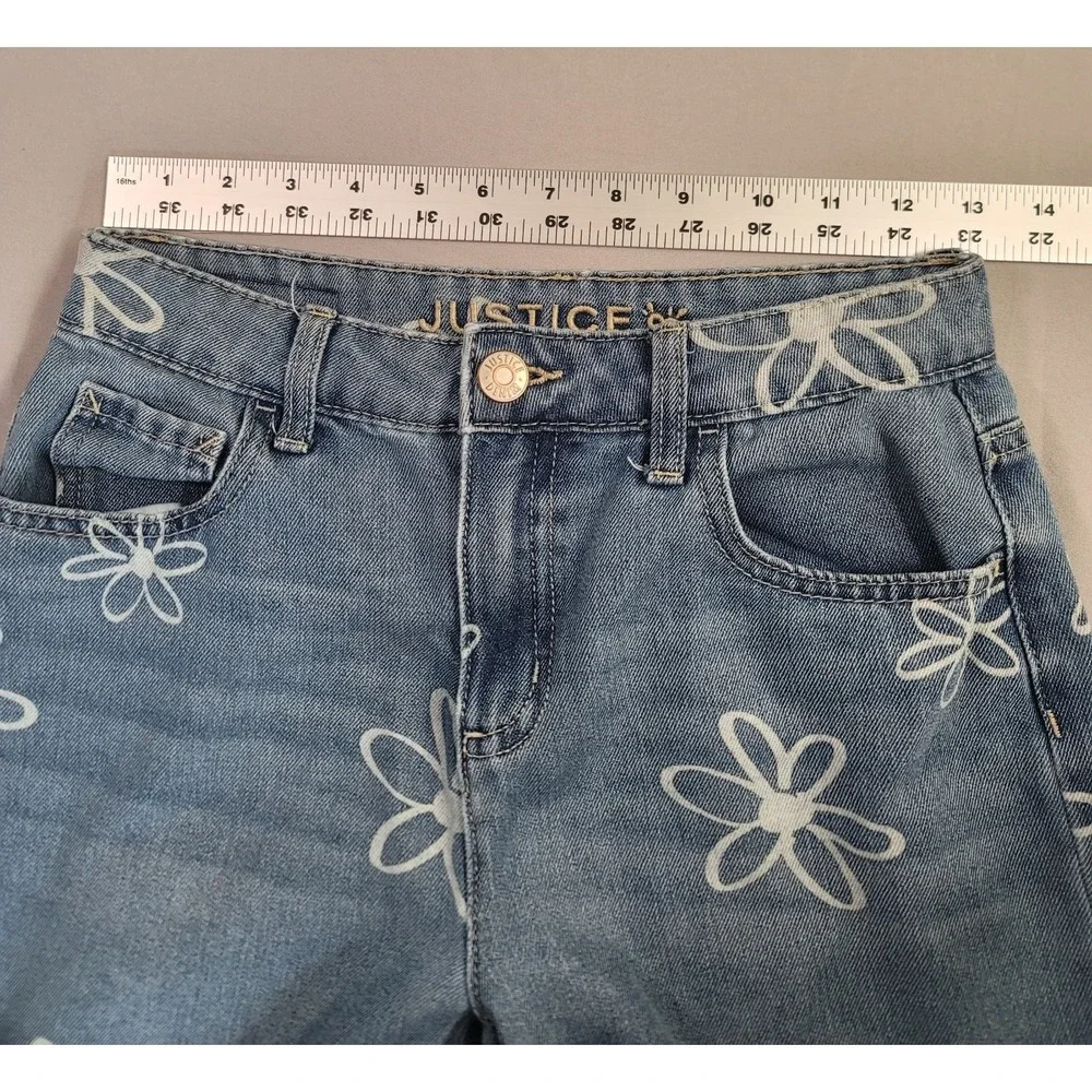 Justice Girls‎ Daisy Print Wide Leg Jeans Size 14 Light Wash Y2K Retro Floral